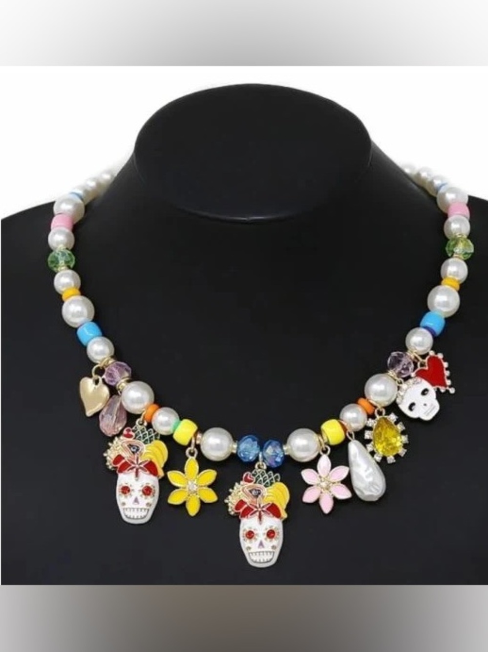 BRAND NEW WITH NECKLACE Colorful Sugar Skull & Floral Charm Necklace